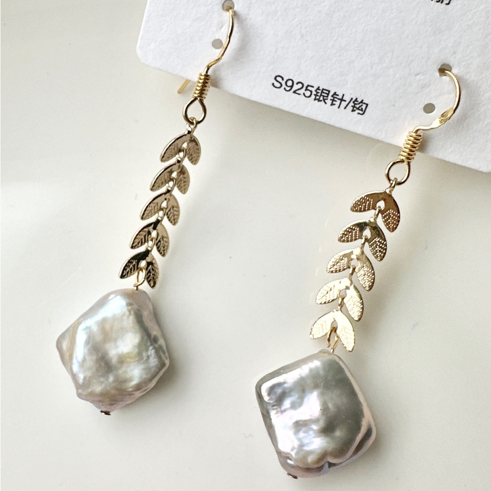 Grey Freshwater Pearl Leaf Drop Earrings 2.1 inches long